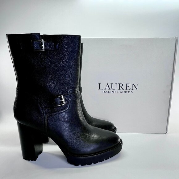 Ralph Lauren Lyvia Leather Boot Size 11B Black Tumbled Mid Calf Block Heel - Picture 1 of 16